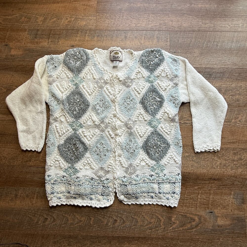 1996 Vintage Tiara International Embellished Snowflake Cardigan Sweater